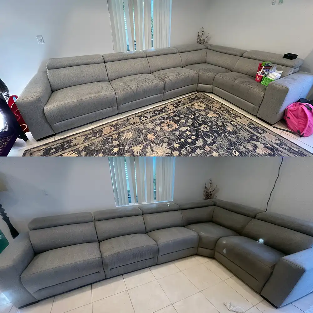 Before and after upholstery cleaning of a gray sectional sofa by Green Scrub
